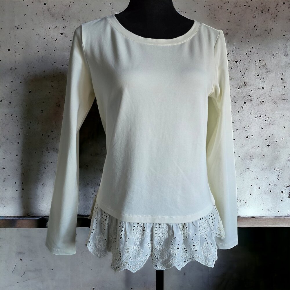 NWT TALBOTS (SM) Ivory Baby Doll w Lace Scalloped Hem Long Sleeve Crew Neck